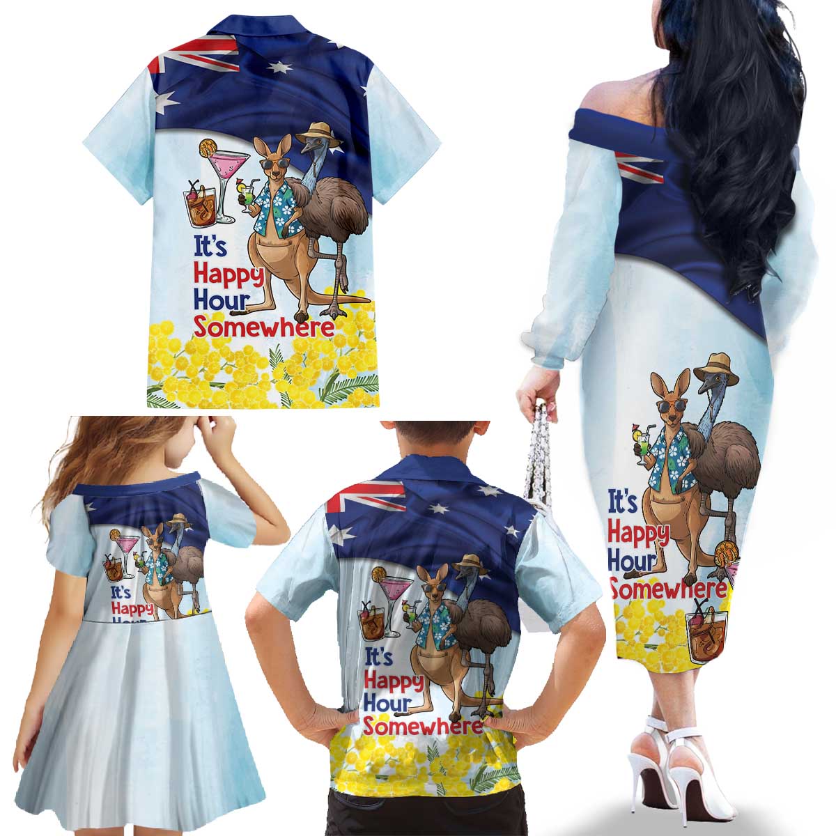 Chilling Kangaroo and Emu Australia Family Matching Off The Shoulder Long Sleeve Dress and Hawaiian Shirt It's Happy Hour Somewhere - Aussie Hoodie