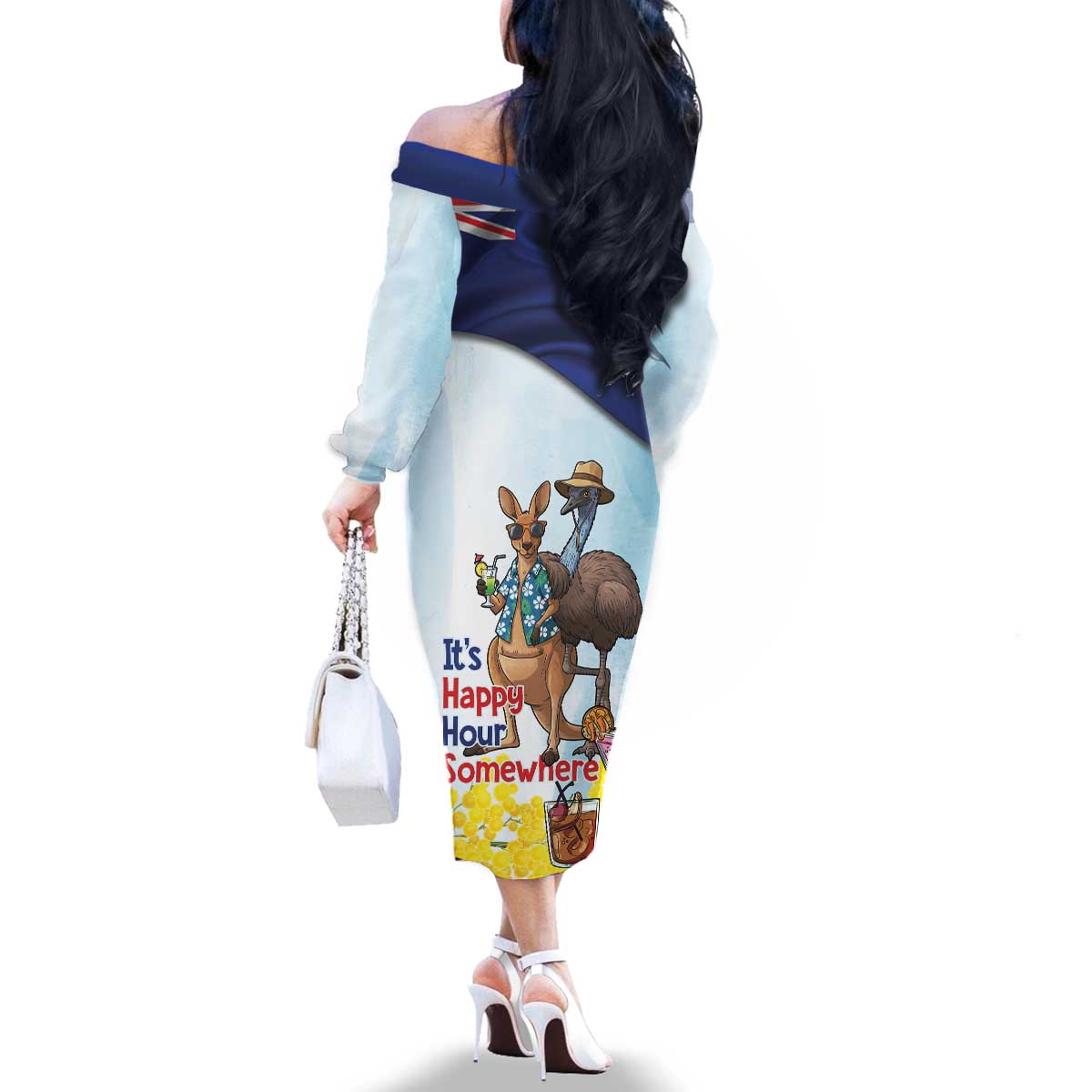 Chilling Kangaroo and Emu Australia Family Matching Off The Shoulder Long Sleeve Dress and Hawaiian Shirt It's Happy Hour Somewhere - Aussie Hoodie