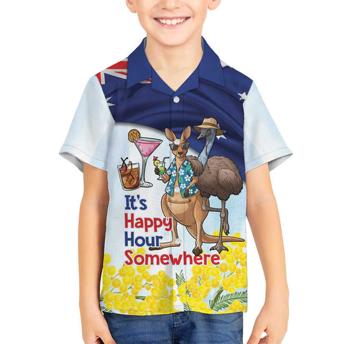 Chilling Kangaroo and Emu Australia Family Matching Off The Shoulder Long Sleeve Dress and Hawaiian Shirt It's Happy Hour Somewhere - Aussie Hoodie