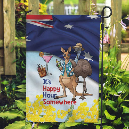 Chilling Kangaroo and Emu Australia Garden Flag It's Happy Hour Somewhere - Aussie Hoodie