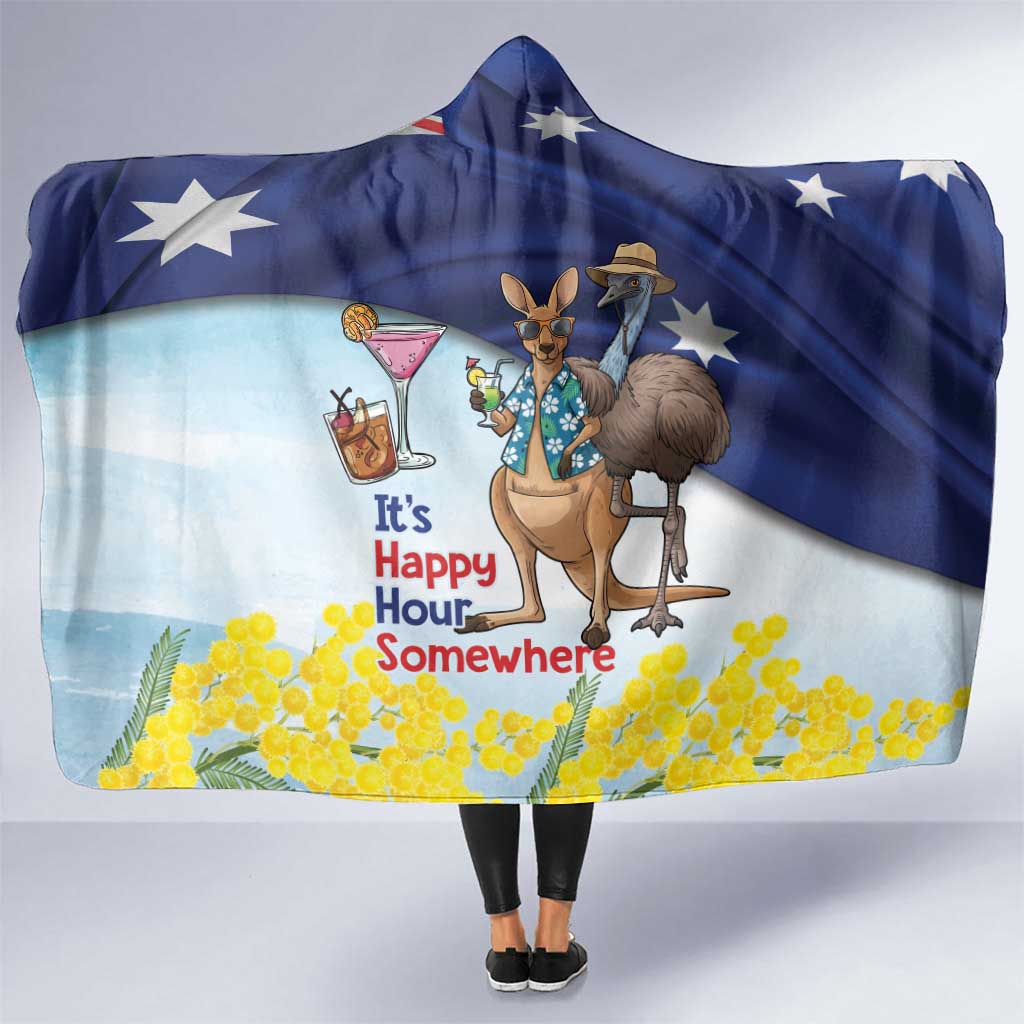 Chilling Kangaroo and Emu Australia Hooded Blanket It's Happy Hour Somewhere - Aussie Hoodie