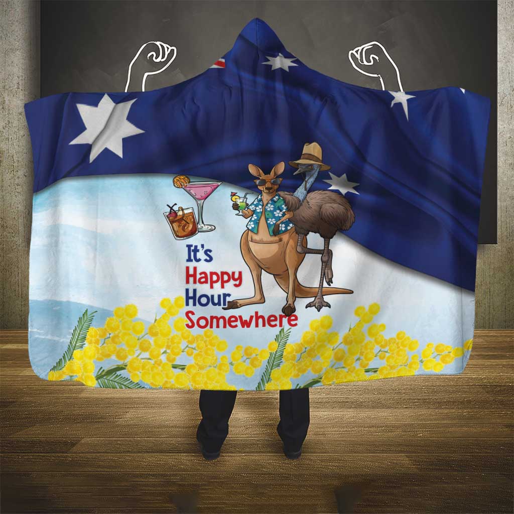 Chilling Kangaroo and Emu Australia Hooded Blanket It's Happy Hour Somewhere - Aussie Hoodie