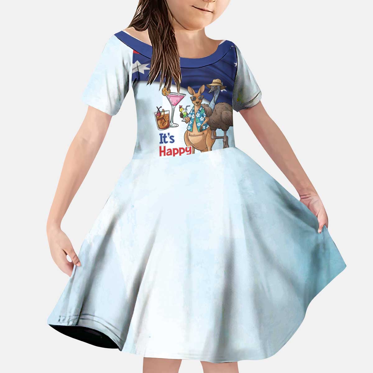 Chilling Kangaroo and Emu Australia Kid Short Sleeve Dress It's Happy Hour Somewhere - Aussie Hoodie