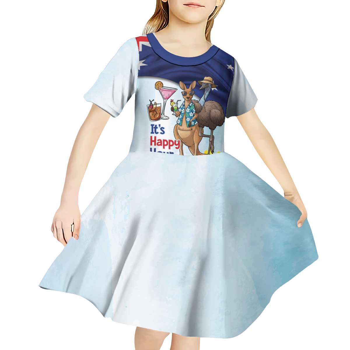 Chilling Kangaroo and Emu Australia Kid Short Sleeve Dress It's Happy Hour Somewhere - Aussie Hoodie