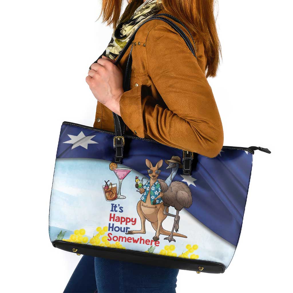 Chilling Kangaroo and Emu Australia Leather Tote Bag It's Happy Hour Somewhere - Aussie Hoodie
