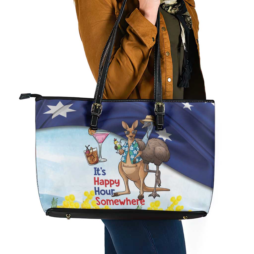 Chilling Kangaroo and Emu Australia Leather Tote Bag It's Happy Hour Somewhere - Aussie Hoodie