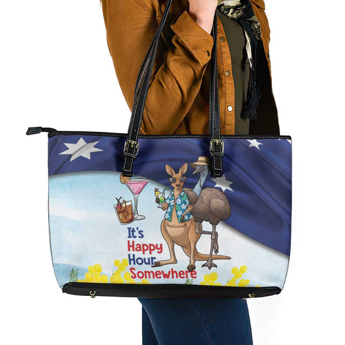 Chilling Kangaroo and Emu Australia Leather Tote Bag It's Happy Hour Somewhere - Aussie Hoodie