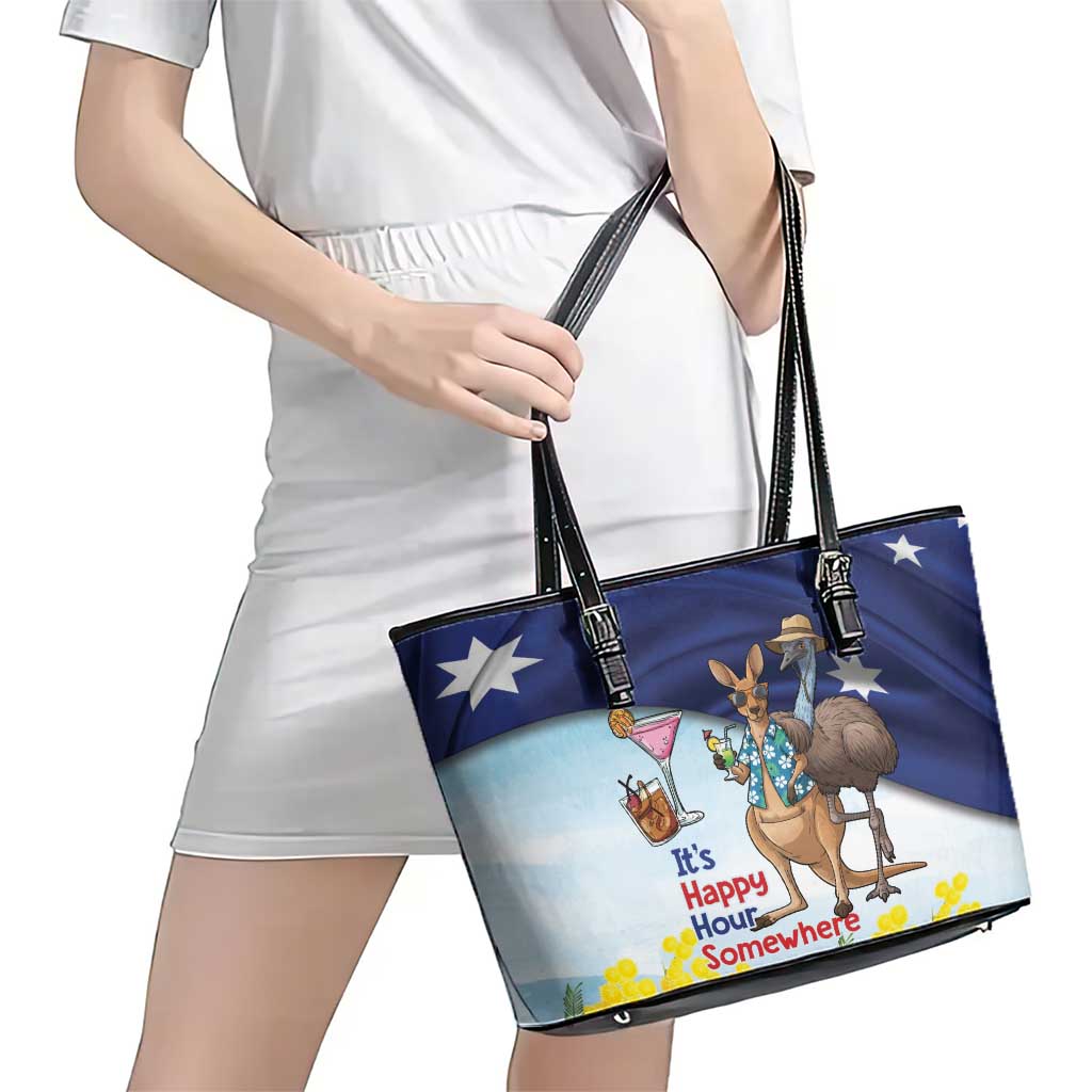 Chilling Kangaroo and Emu Australia Leather Tote Bag It's Happy Hour Somewhere - Aussie Hoodie