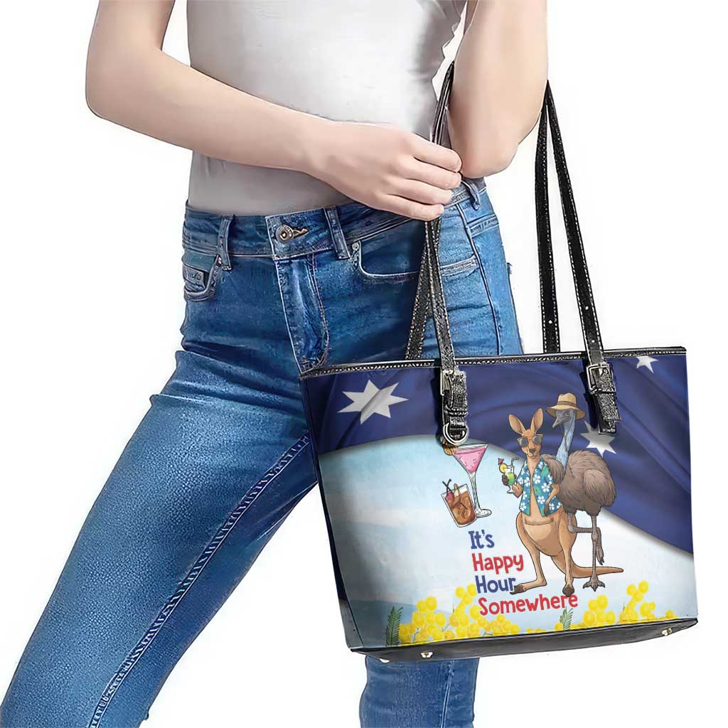 Chilling Kangaroo and Emu Australia Leather Tote Bag It's Happy Hour Somewhere - Aussie Hoodie