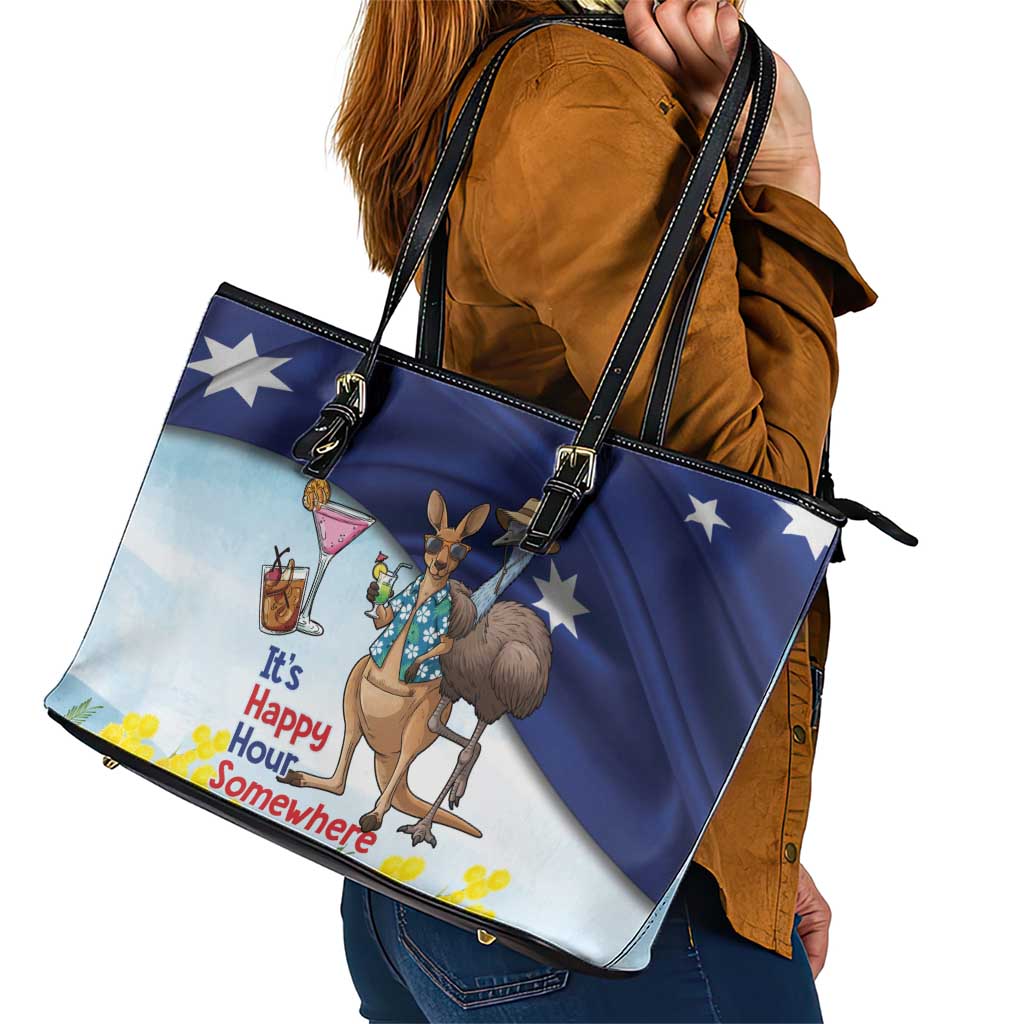 Chilling Kangaroo and Emu Australia Leather Tote Bag It's Happy Hour Somewhere - Aussie Hoodie