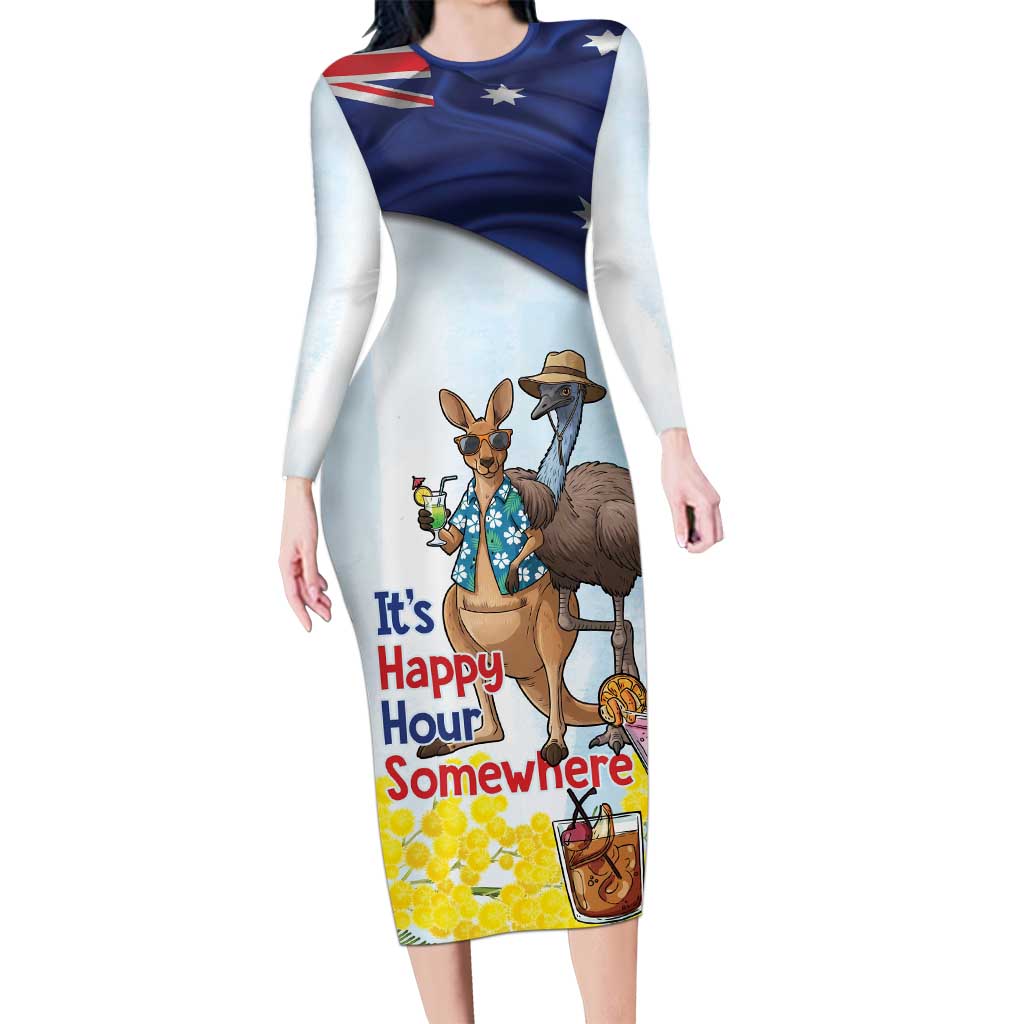 Chilling Kangaroo and Emu Australia Long Sleeve Bodycon Dress It's Happy Hour Somewhere - Aussie Hoodie