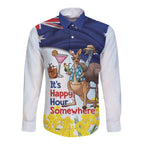 Chilling Kangaroo and Emu Australia Long Sleeve Button Shirt It's Happy Hour Somewhere - Aussie Hoodie