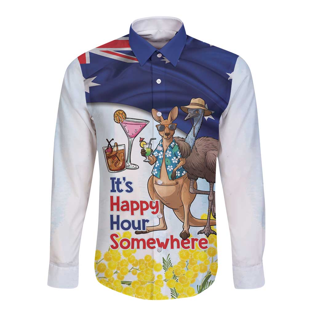 Chilling Kangaroo and Emu Australia Long Sleeve Button Shirt It's Happy Hour Somewhere - Aussie Hoodie