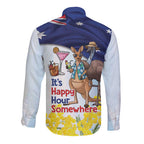 Chilling Kangaroo and Emu Australia Long Sleeve Button Shirt It's Happy Hour Somewhere - Aussie Hoodie