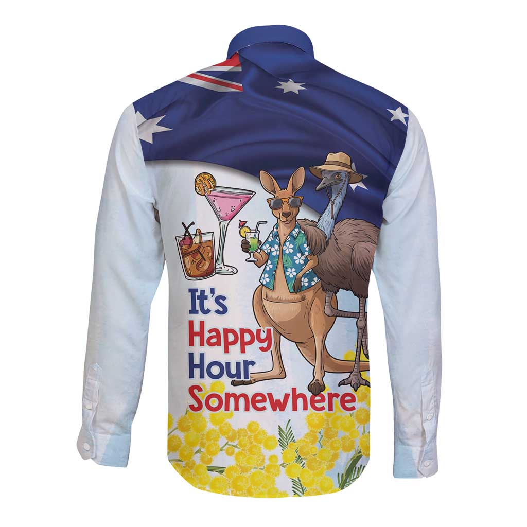 Chilling Kangaroo and Emu Australia Long Sleeve Button Shirt It's Happy Hour Somewhere - Aussie Hoodie