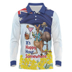Chilling Kangaroo and Emu Australia Long Sleeve Polo Shirt It's Happy Hour Somewhere - Aussie Hoodie
