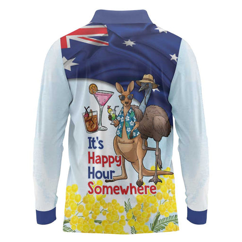 Chilling Kangaroo and Emu Australia Long Sleeve Polo Shirt It's Happy Hour Somewhere - Aussie Hoodie