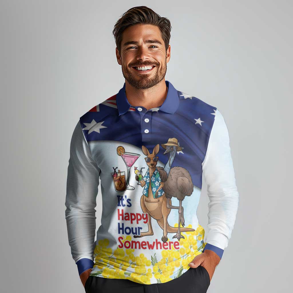 Chilling Kangaroo and Emu Australia Long Sleeve Polo Shirt It's Happy Hour Somewhere - Aussie Hoodie
