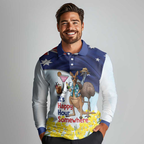 Chilling Kangaroo and Emu Australia Long Sleeve Polo Shirt It's Happy Hour Somewhere - Aussie Hoodie