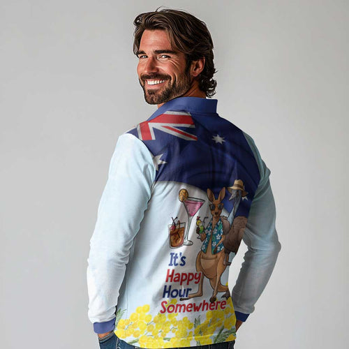 Chilling Kangaroo and Emu Australia Long Sleeve Polo Shirt It's Happy Hour Somewhere - Aussie Hoodie