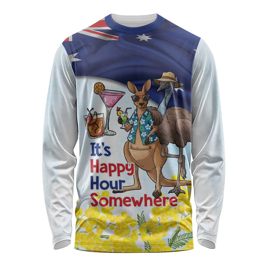 Chilling Kangaroo and Emu Australia Long Sleeve Shirt It's Happy Hour Somewhere - Aussie Hoodie