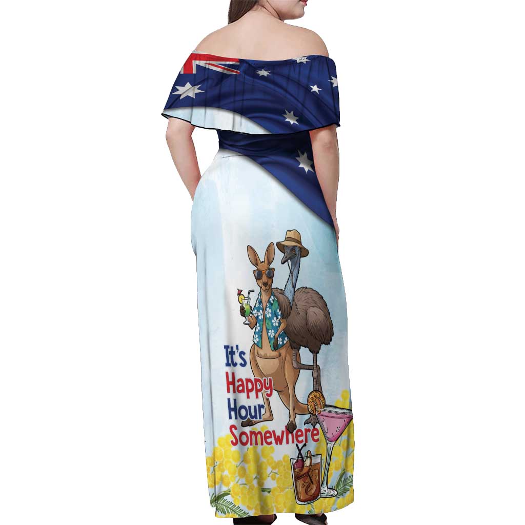Chilling Kangaroo and Emu Australia Off Shoulder Maxi Dress It's Happy Hour Somewhere - Aussie Hoodie