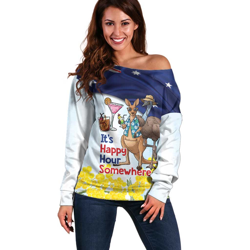 Chilling Kangaroo and Emu Australia Off Shoulder Sweater It's Happy Hour Somewhere - Aussie Hoodie