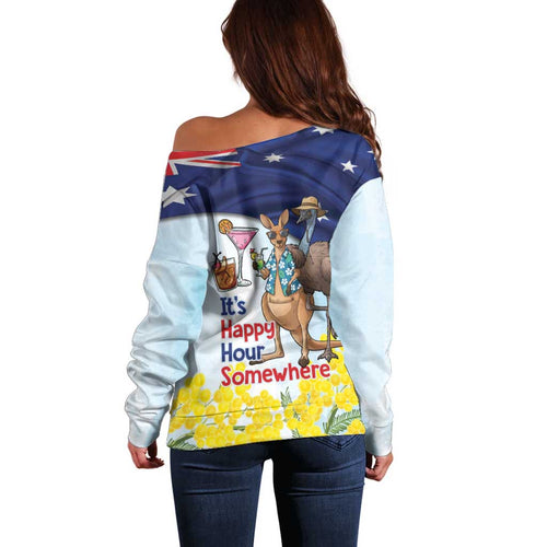 Chilling Kangaroo and Emu Australia Off Shoulder Sweater It's Happy Hour Somewhere - Aussie Hoodie