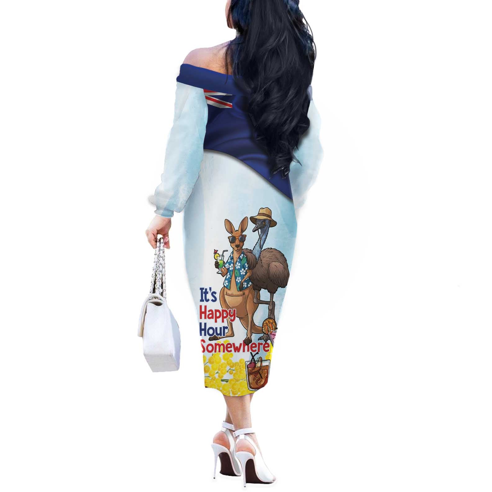 Chilling Kangaroo and Emu Australia Off The Shoulder Long Sleeve Dress It's Happy Hour Somewhere - Aussie Hoodie