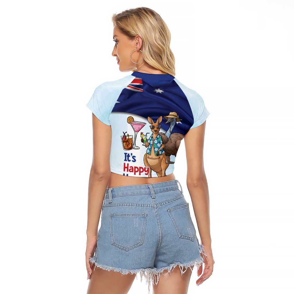 Chilling Kangaroo and Emu Australia Raglan Cropped T Shirt It's Happy Hour Somewhere - Aussie Hoodie