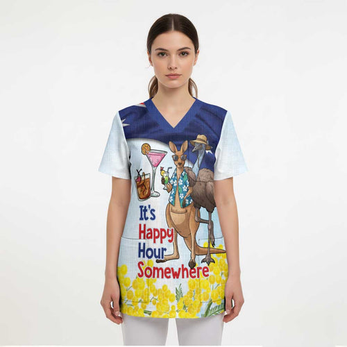 Chilling Kangaroo and Emu Australia Scrub Top It's Happy Hour Somewhere - Aussie Hoodie