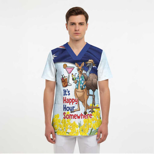 Chilling Kangaroo and Emu Australia Scrub Top It's Happy Hour Somewhere - Aussie Hoodie