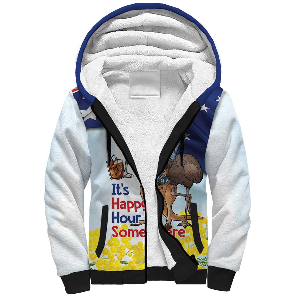 Chilling Kangaroo and Emu Australia Sherpa Hoodie It's Happy Hour Somewhere - Aussie Hoodie