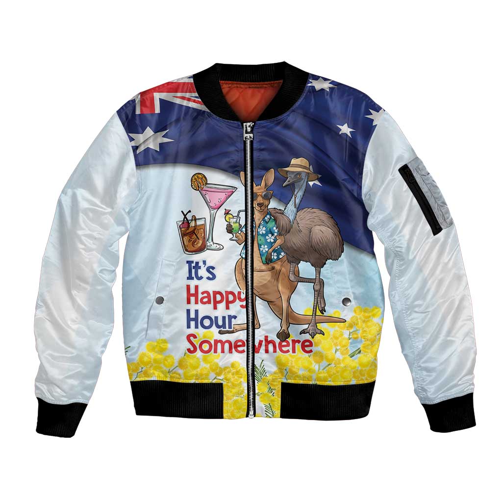 Chilling Kangaroo and Emu Australia Sleeve Zip Bomber Jacket It's Happy Hour Somewhere - Aussie Hoodie