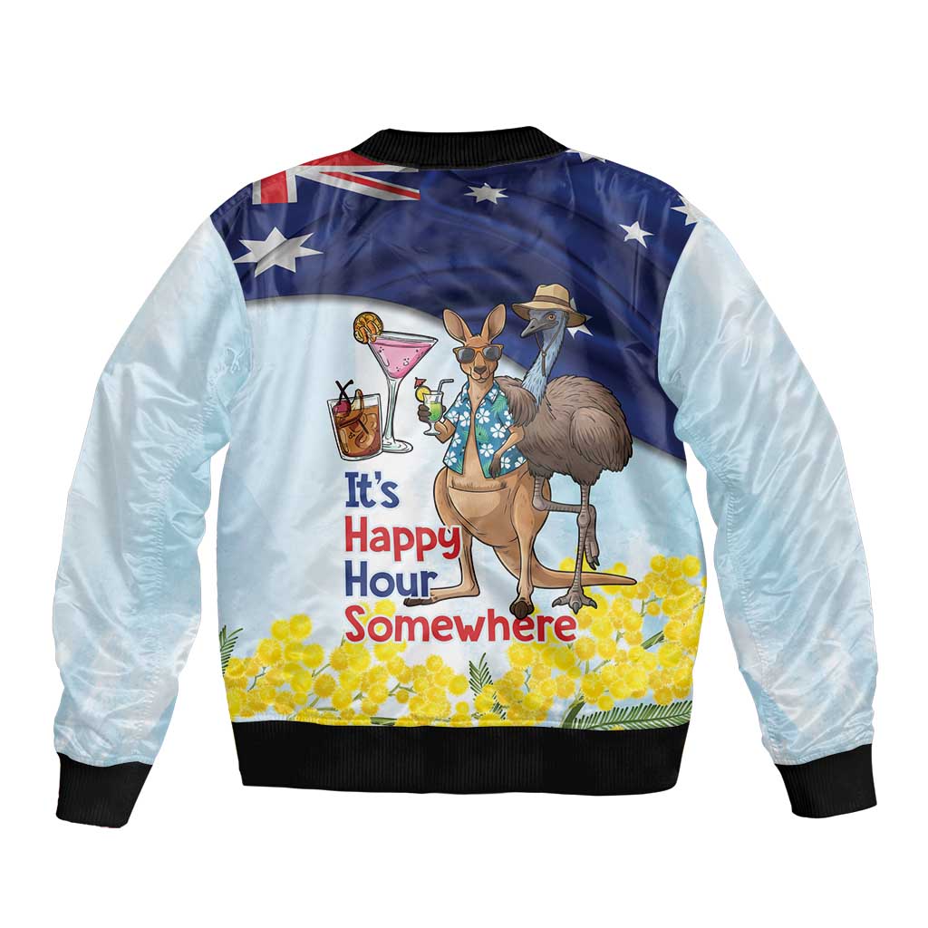 Chilling Kangaroo and Emu Australia Sleeve Zip Bomber Jacket It's Happy Hour Somewhere - Aussie Hoodie