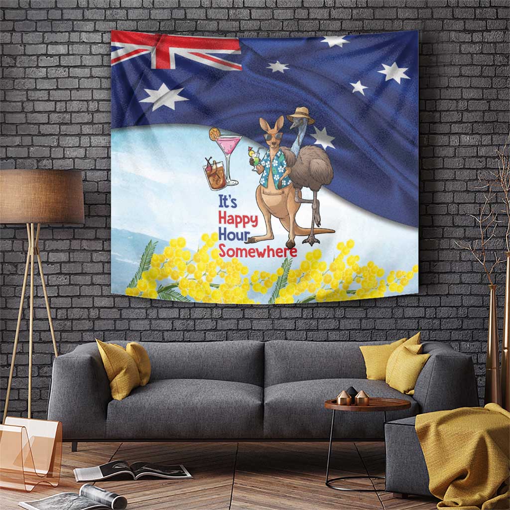 Chilling Kangaroo and Emu Australia Tapestry It's Happy Hour Somewhere - Aussie Hoodie