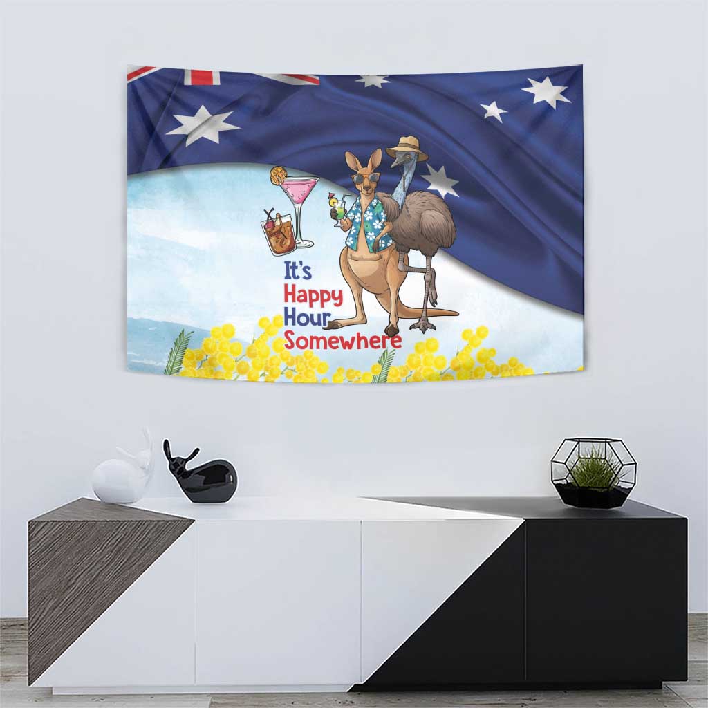 Chilling Kangaroo and Emu Australia Tapestry It's Happy Hour Somewhere - Aussie Hoodie