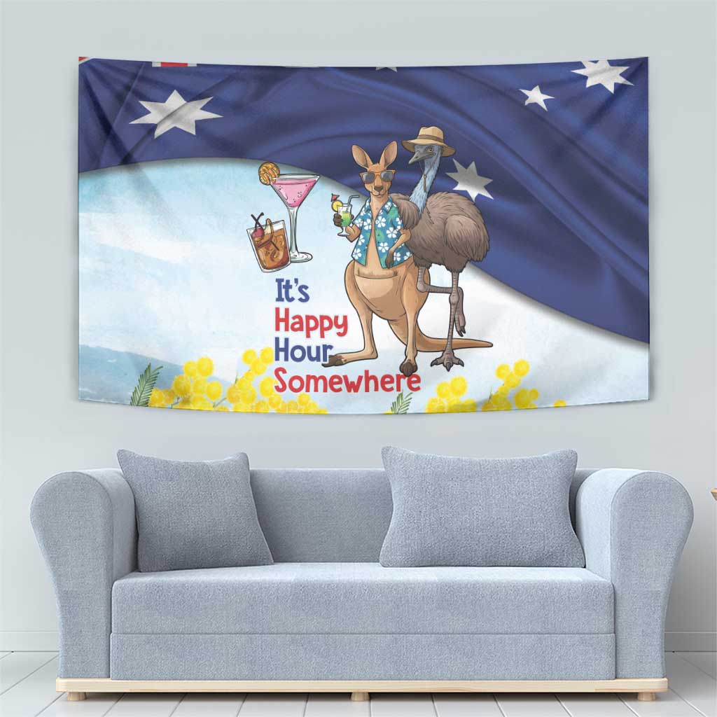 Chilling Kangaroo and Emu Australia Tapestry It's Happy Hour Somewhere - Aussie Hoodie