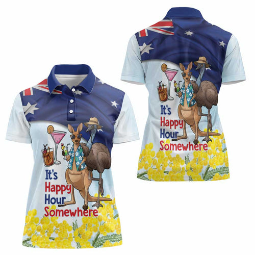 Chilling Kangaroo and Emu Australia Women Polo Shirt It's Happy Hour Somewhere - Aussie Hoodie