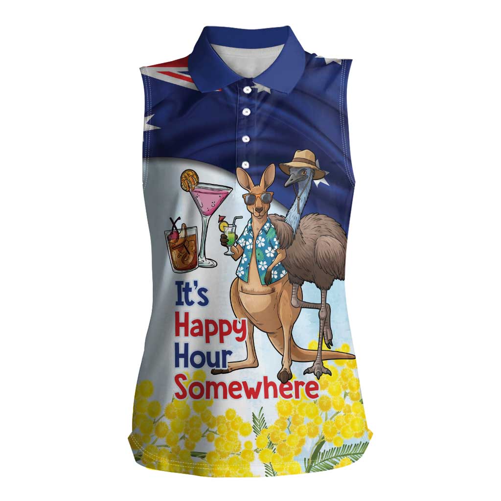 Chilling Kangaroo and Emu Australia Women Sleeveless Polo Shirt It's Happy Hour Somewhere - Aussie Hoodie