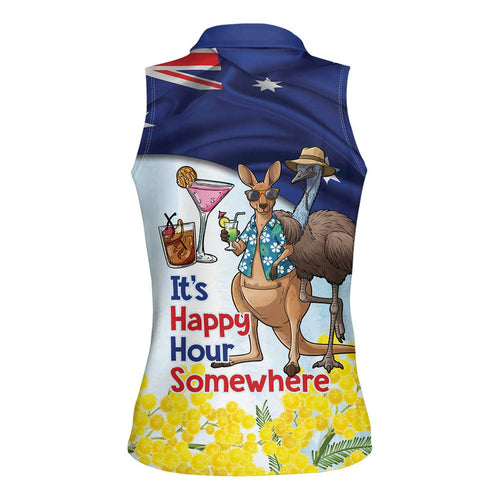 Chilling Kangaroo and Emu Australia Women Sleeveless Polo Shirt It's Happy Hour Somewhere - Aussie Hoodie