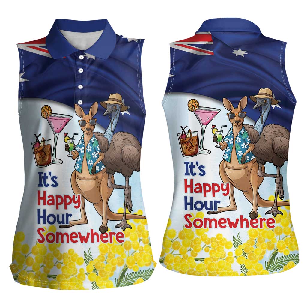 Chilling Kangaroo and Emu Australia Women Sleeveless Polo Shirt It's Happy Hour Somewhere - Aussie Hoodie