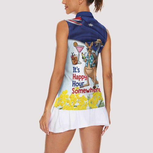 Chilling Kangaroo and Emu Australia Women Sleeveless Polo Shirt It's Happy Hour Somewhere - Aussie Hoodie