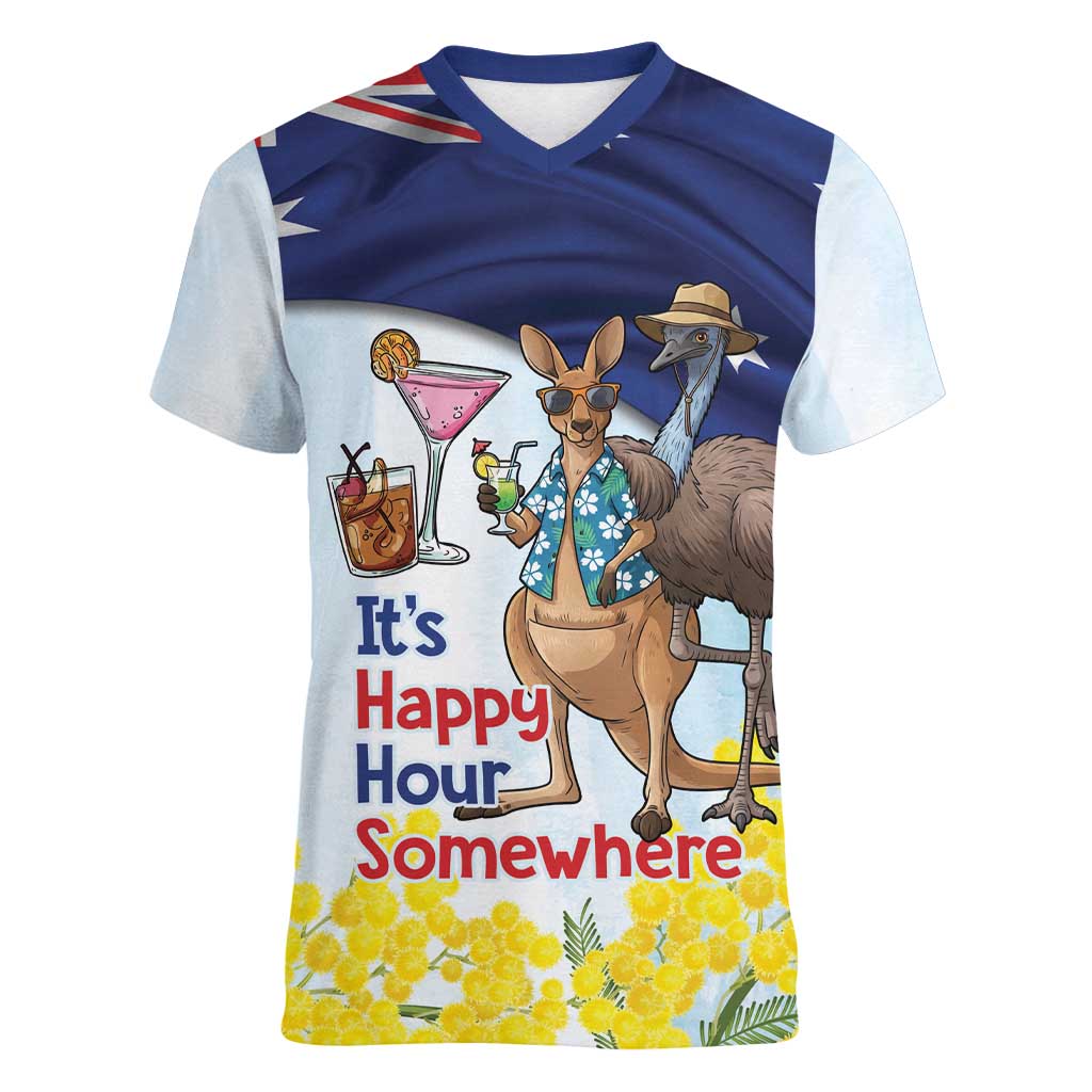 Chilling Kangaroo and Emu Australia Women V-Neck T-Shirt It's Happy Hour Somewhere - Aussie Hoodie