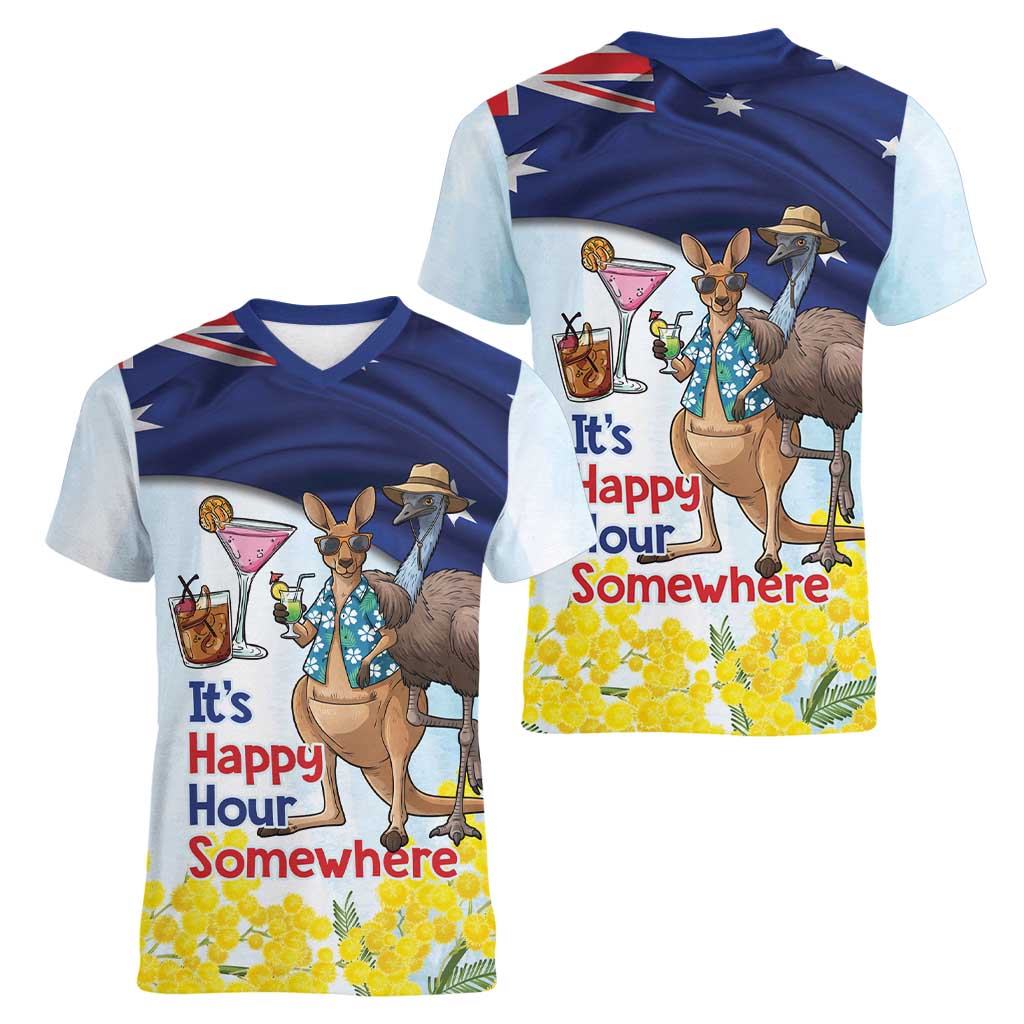 Chilling Kangaroo and Emu Australia Women V-Neck T-Shirt It's Happy Hour Somewhere - Aussie Hoodie