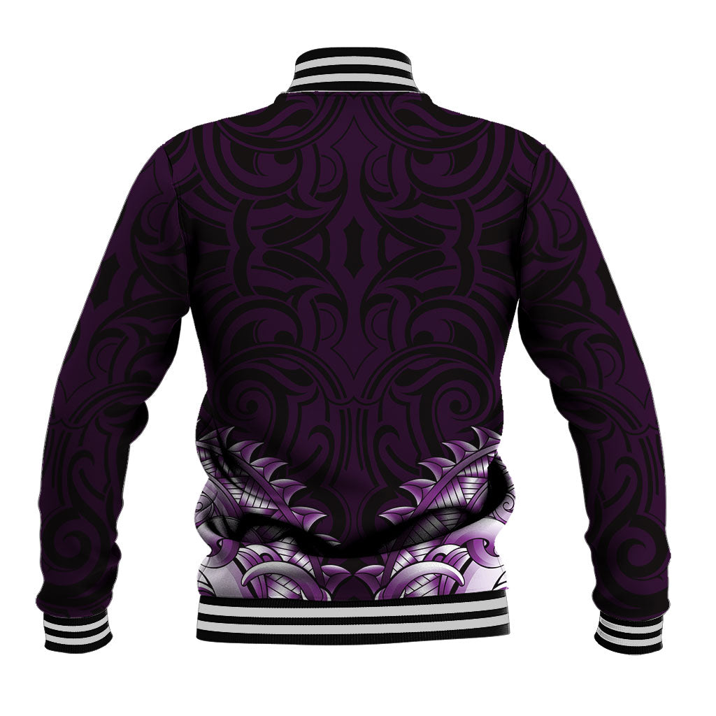 New Zealand Ta Moko Baseball Jacket Aotearoa Maori Chest Tattoo Purple
