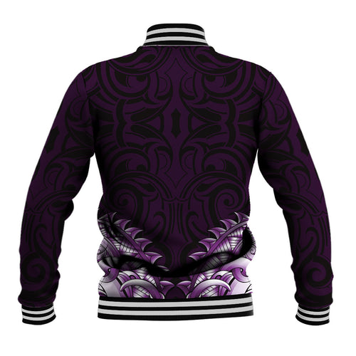 New Zealand Ta Moko Baseball Jacket Aotearoa Maori Chest Tattoo Purple
