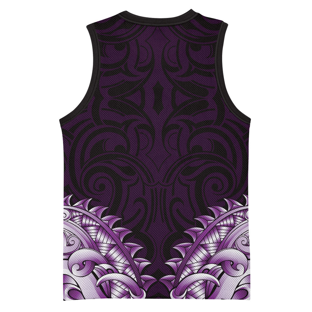 New Zealand Ta Moko Basketball Jersey Aotearoa Maori Chest Tattoo Purple