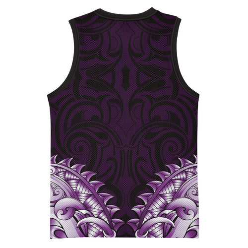 New Zealand Ta Moko Basketball Jersey Aotearoa Maori Chest Tattoo Purple