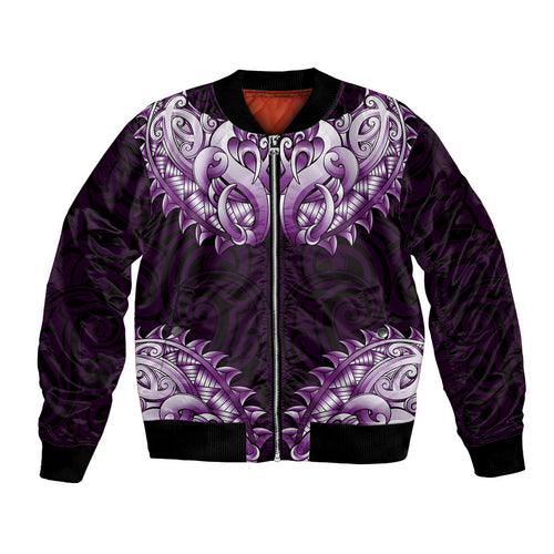 New Zealand Ta Moko Bomber Jacket Aotearoa Maori Chest Tattoo Purple